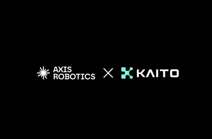 The image displays a partnership announcement between Axis Robotics and Kaito, featuring both logos separated by an "X" symbol on a black background. It relates to the post by promoting the Axis Robotics x Kaito creator's campaign, which allocates 0.2% of the total $AXIS supply to the top 500 Mindshare Creators with fully unlocked rewards at TGE.