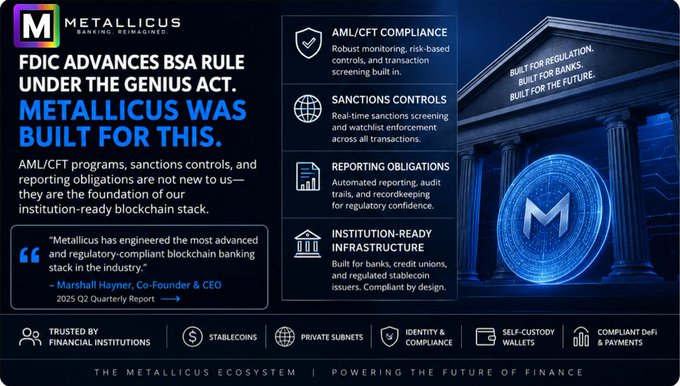 The image shows a poster for a new cryptocurrency called "Metallicus" that has been developed by the FDIC, which is an independent regulatory body responsible for overseeing banks and credit unions. The poster highlights the advantages of using Metallicus as a stablecoin, such as its compliance with the Bank Secrecy Act (BSA) requirements, which are designed to prevent money laundering and other financial crimes. The poster also mentions that Metallicus was built for this purpose, indicating that it is specifically designed to meet these regulatory standards.