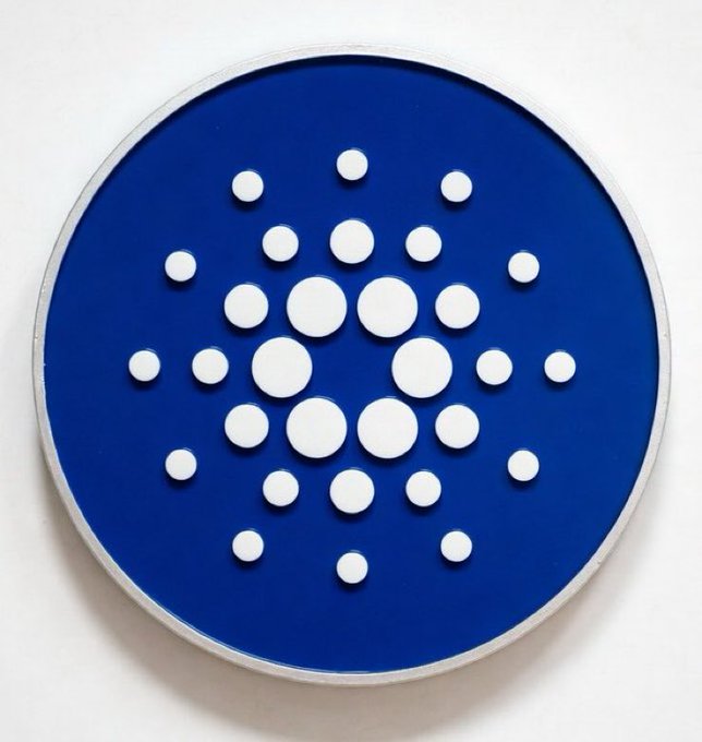The image shows the Cardano (ADA) logo—a blue circular emblem with a pattern of white dots—fitting the post's bullish sentiment about ADA hitting a bottom while whales quietly accumulate ahead of Leios testnet progress and the Midnight launch.
