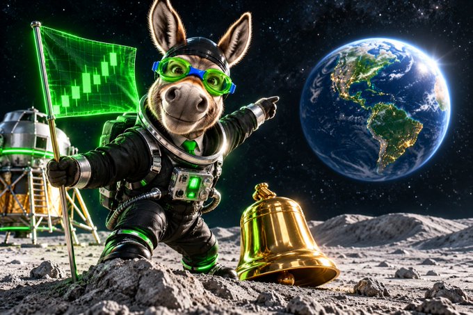 A donkey in an astronaut suit holding a green flag with a chart pattern, standing on the moon next to a golden bell with Earth visible in the background.