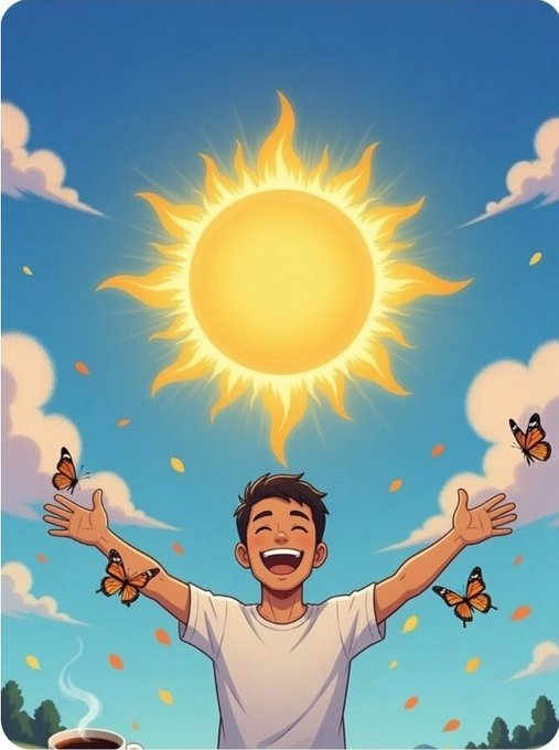 An illustrated cartoon of a smiling boy with arms outstretched in joy under a bright sun, with orange butterflies fluttering around him against a blue sky.