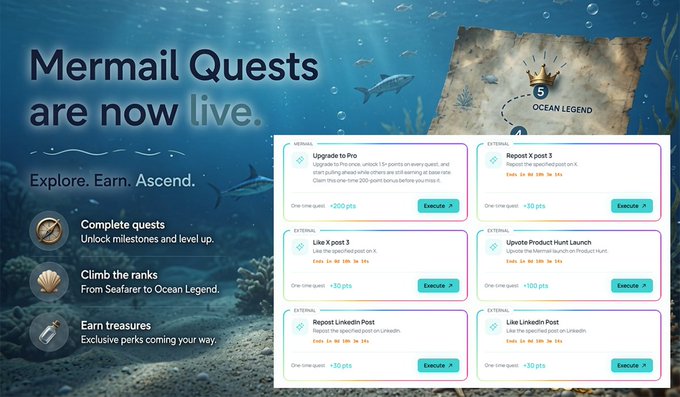 A promotional graphic titled 'Mermail Quests are now live' with the tagline 'Explore. Earn. Ascend.', showing a list of tasks with point rewards like 'Upgrade to Pro', 'Like X post 3', and 'Repost X post 3'.