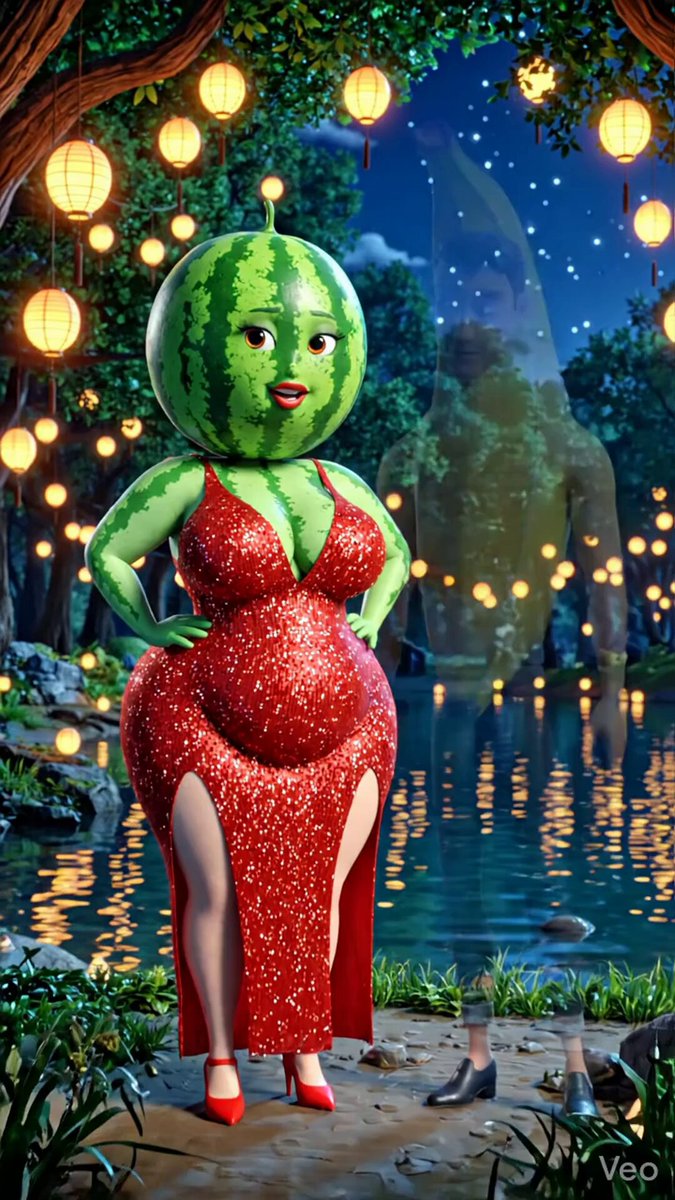 The image features a woman dressed as a watermelon, standing next to a body of water with trees around her. The scene appears to be set at night, adding an element of mystery to the overall atmosphere. The woman's costume includes red dress and high heels, which further emphasizes her character as a watermelon. The background is adorned with lanterns that illuminate the area, creating a captivating visual effect. The image also contains text that reads "Discovering RWA Excellence with TermMaxFi Exploring real-world asset opportunities has never been smoother thanks to innovative fixed-rate lending and flexible call-put options".