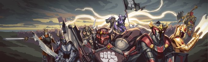 A fantasy battle illustration featuring a lineup of armored warriors and creatures, including armored knights, a minotaur, and lion-like beasts, wielding weapons under a stormy sky with lightning.