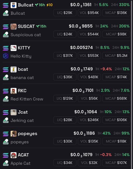 The image displays a list of cat-themed Solana meme coins (such as Bullcat, SUSCAT, KITTY, and Jerking cat) along with their token prices, 1-hour and 24-hour price changes, liquidity, volume, and market cap. It supports the post's message by illustrating how many cat-themed tokens are competing for attention on Solana, emphasizing the need to sift through the crowd and focus only on quality plays with strong communities.