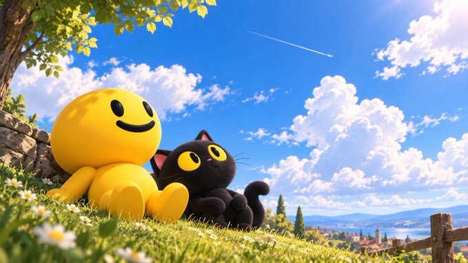 A 3D-rendered scene of a yellow smiley face character and a black cat with large yellow eyes relaxing on grass under a blue sky with a shooting star.