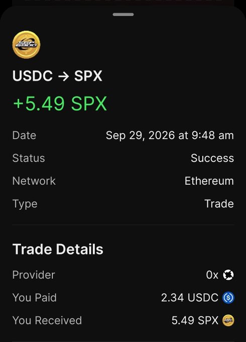 A cryptocurrency transaction confirmation showing USDC to SPX swap of 2.34 USDC for 5.49 SPX on Ethereum, dated Sep 29, 2026.