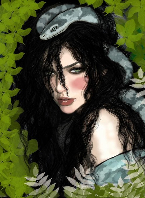 A digital illustration of a dark-haired woman with green eyes, pale skin, and a white snake draped around her head, surrounded by green leaves.