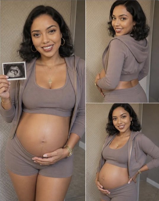 A collage of three photos of a pregnant woman with dark hair smiling, wearing a matching gray athletic set, holding up an ultrasound image in one photo.