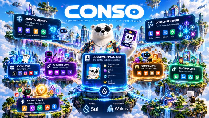 A vibrant 'CONSO' platform infographic showcases a panda mascot holding a phone amid floating islands representing zones (Social, Creative, Gaming, On-Chain, Agentic Memory, Consumer Graph, Badges & Zaps), built on Sui and secured by Walrus.