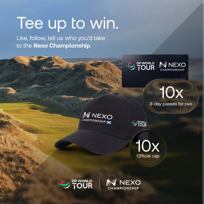 Promotional graphic for the Nexo Championship featuring a navy cap against a Scottish golf course backdrop, advertising "10x 3-day passes for two" and "10x Official cap" prizes as part of a social media giveaway.
