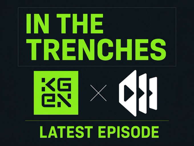 A promotional graphic for KGeN's "In The Trenches" latest episode features bold green text and the KGeN logo alongside a crossed-arrows logo, promoting a discussion about Taunt and its vision for integrating predictions, creators, AI, and community.