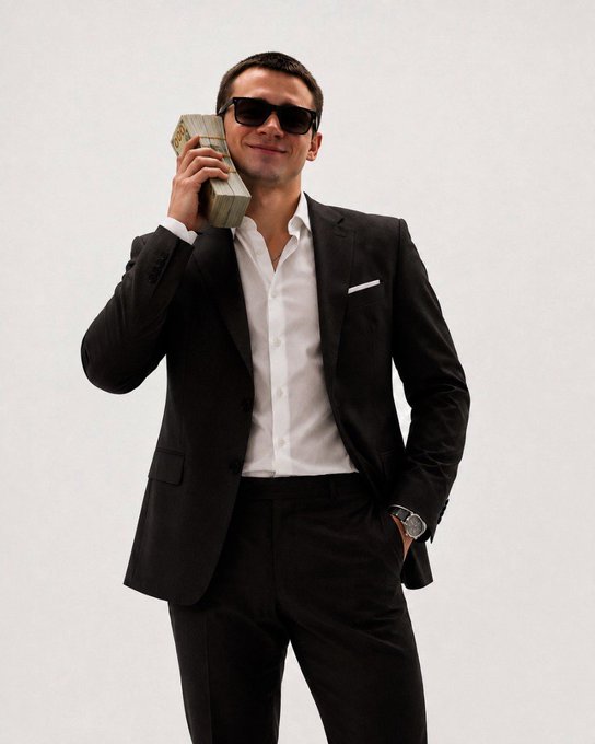A man in a black suit and sunglasses holds a stack of cash to his ear like a phone.
