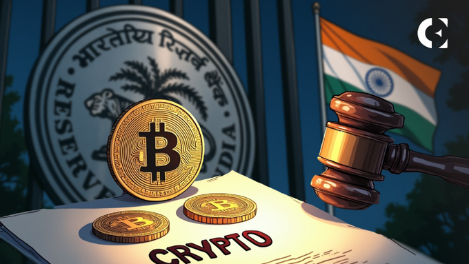 An illustration depicting crypto regulation in India, featuring Bitcoin coins, a gavel, the Reserve Bank of India emblem, and the Indian flag with the word 'CRYPTO' on a document.