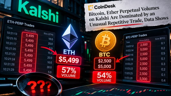A graphic showing Kalshi trading data for ETH-PERP at $5,499 (57% volume) and BTC-PERP between $2,500-$5,000 (54% volume), with a CoinDesk headline noting the trades are 'Dominated by an Unusual Repetitive Trade'.
