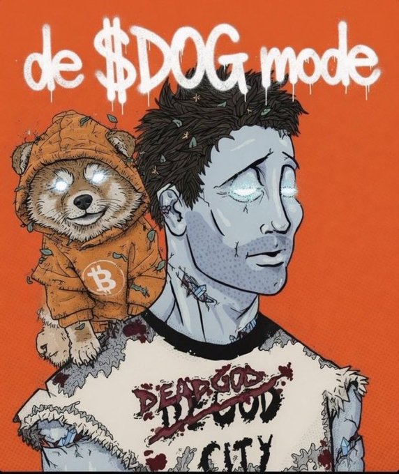 A digital illustration of a blue-skinned zombie-like character with glowing white eyes wearing a tattered 'DEAD GOD' shirt, accompanied by a small dog in a Bitcoin hoodie. The text 'de $DOG mode' is written in dripping white letters at the top.