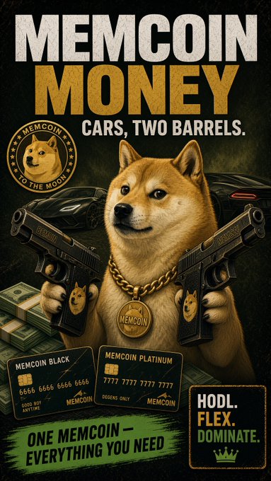 A meme-style poster features the iconic Doge Shiba Inu wearing a gold "MEMCOIN" medallion and wielding dual pistols, with the headline "MEMCOIN MONEY – CARS, TWO BARRELS" and fictional "MEMCOIN BLACK" and "MEMCOIN PLATINUM" credit cards below, alongside slogans like "HODL. FLEX. DOMINATE." and "ONE MEMCOIN — EVERYTHING YOU NEED." The image serves as a humorous promotional graphic for the new memecoin (contract: 65wWNkUXJVGHwfWnpL1JwghWwnovtPgxhkdQb2srpump) launched on pump.fun, using over-the-top wealth imagery to hype the project.
