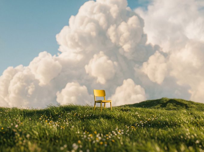 A lone yellow chair sits in a vibrant green field dotted with wildflowers beneath a dramatic sky filled with towering, billowing clouds.

The image evokes a sense of calm contemplation, fitting the post's mood of peacefully sitting and watching clouds rise as the world passes by—an apt metaphor for reflection during Binance's 9th anniversary celebration.