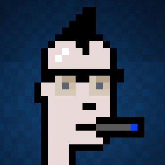 Pixel art style image of a character with pale skin, blue eyes, dark hair, and a dark outfit against a blue patterned background.