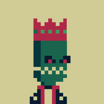 A pixel art character with green skin, red crown, and stitched mouth stands against a pale yellow background.