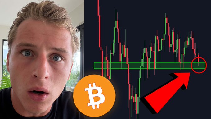 The image is a YouTube thumbnail featuring a man with a surprised expression on the left, alongside a Bitcoin (₿) chart on the right that highlights a key support level with a green horizontal band, red circle, and large red arrow pointing to recent price action—visually emphasizing the post's warning that Bitcoin is at a critical price level, as discussed in the linked video.