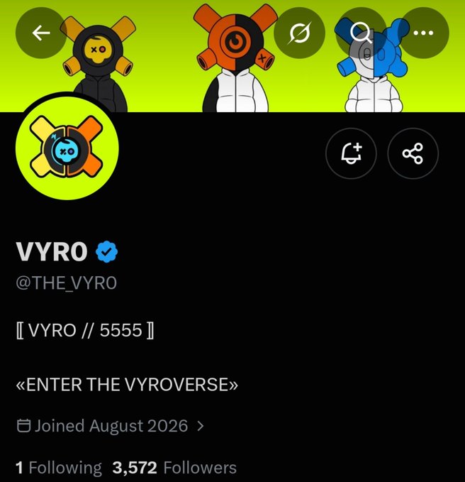 A Twitter/X profile page for "VYRO" (@THE_VYRO) is displayed, featuring cartoon characters with XO faces, with a bio reading "[[ VYRO // 5555 ]]" and "«ENTER THE VYROVERSE»".