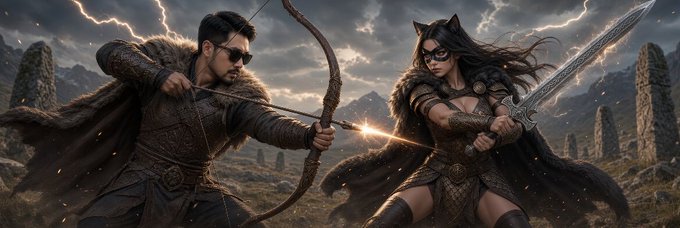 A fantasy battle scene showing a man with a bow facing off against a cat-eared warrior woman wielding a sword, with dramatic lightning and a stone circle in the background.