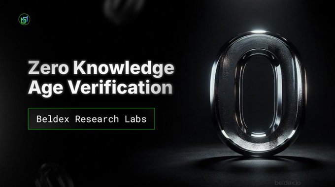 A promotional graphic titled 'Zero Knowledge Age Verification' by Beldex Research Labs, featuring a large metallic '0' on a dark background.