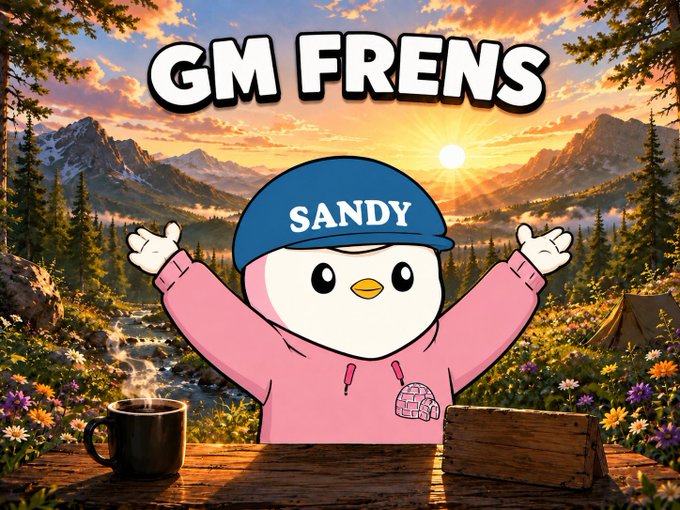 A cute cartoon penguin mascot named "Sandy" wearing a pink hoodie and a blue "SANDY" cap cheers with arms outstretched against a vibrant sunset mountain landscape, with the text "GM FRENS" displayed at the top. The cheerful image complements the weekend greeting post, encouraging friends to respond with their own "GM" energy.