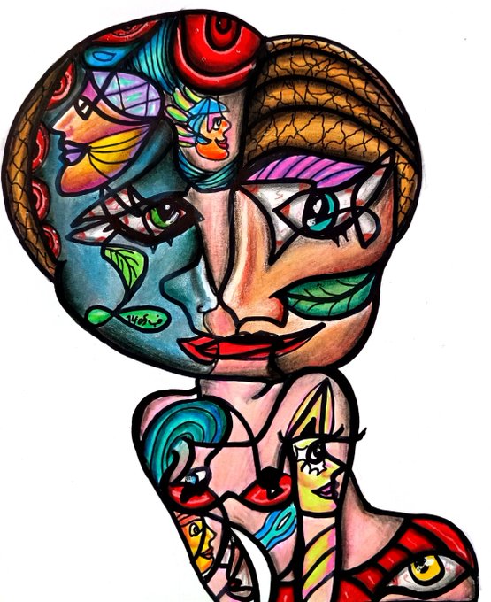 A vibrant, colorful cubist-style illustration of a woman with elaborate hair containing rainbow elements, mismatched eyes, and decorative patterns covering her face and upper body.