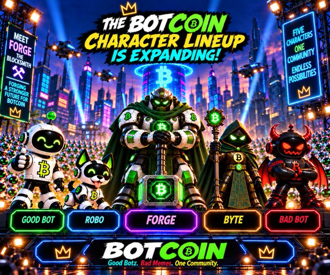 A vibrant promotional graphic for "BotCoin" featuring five cartoon characters labeled "Good Bot", "Robo", "Forge", "Byte", and "Bad Bot", with text reading "The BotCoin Character Lineup is Expanding!"