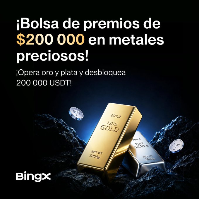 A BingX cryptocurrency advertisement in Spanish reading '¡Bolsa de premios de $200 000 en metales preciosos! ¡Opera oro y plata y desbloquea 200 000 USDT!' over an image of gold and silver bars.