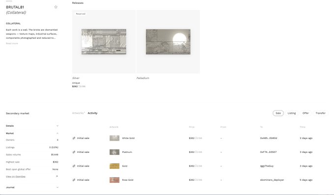 A webpage showing a digital collectible called 'BRUTAL$! [Collateral]' featuring two artwork releases ('White Gold' and 'Platinum') with secondary market activity showing sales priced at Ξ92.