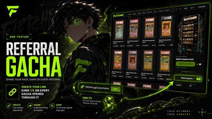 Promotional graphic for Fletcher's 'Referral Gacha' feature, offering 1% earnings on every gacha pack opened through shared referral links, showing the platform interface and various Pokémon card packs.
