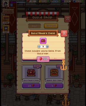 The image shows a close-up view of an open GUILD SHOP interface with a small screenshot of the interface screen. The focus of this screenshot appears to be the GUILD REWARD CHEST feature, where a user has bought chest items using gemstones from GUILDSERVER. In the scene surrounding theGUILD REWARD CHEST screen, there are several potted plants and chairs in the background that do not appear to be related to the GUILD SHOP or GUILD REWARD CHEST content of the screenshot. The overall image appears to be a casual snapshot rather than an in-depth analysis of GUILD SHOP functionality.