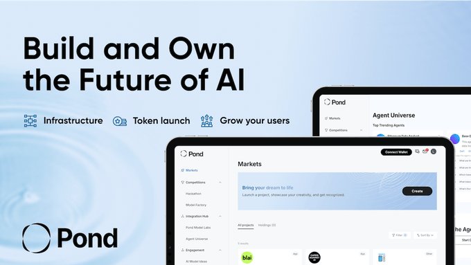 A promotional banner for Pond features the headline "Build and Own the Future of AI," highlighting features like Infrastructure, Token launch, and "Grow your users." Screenshots of the Pond platform interface display sections for "Markets," "Agent Universe," and "Competitions," visually reinforcing the post's message about the AI-crypto ecosystem and user incentives.