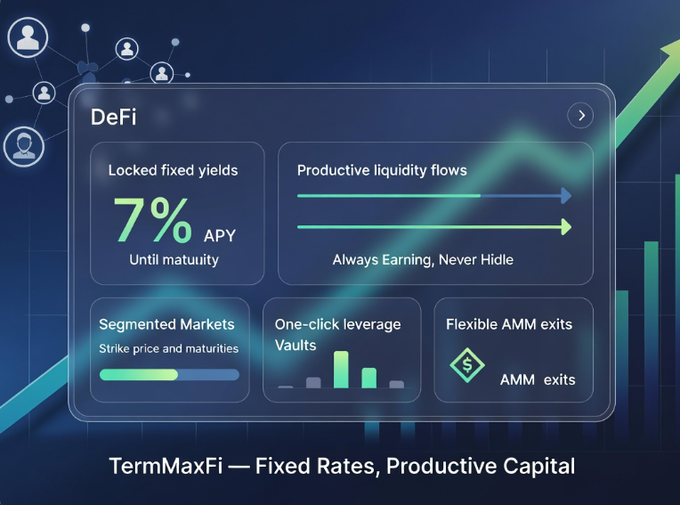 A sleek DeFi dashboard interface for TermMaxFi showcasing "7% APY" locked fixed yields "Until maturity," alongside features like "Productive liquidity flows," "Segmented Markets" with strike prices and maturities, "One-click leverage Vaults," and "Flexible AMM exits," with the tagline "Fixed Rates, Productive Capital"—visually reinforcing the protocol's maturity in delivering predictable, utility-focused fixed-rate DeFi solutions.
