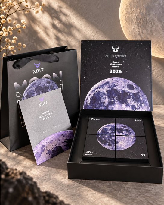 XBIT 'To The Moon' Happy Mid-Autumn Festival 2026 gift box featuring moon imagery, displayed with a shopping bag and brochure.