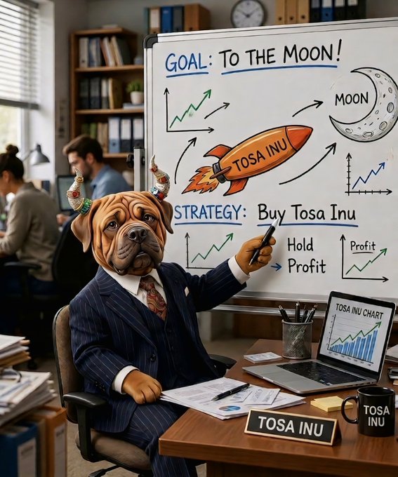 An anthropomorphic Tosa Inu dog in a business suit presents at a whiteboard displaying "GOAL: TO THE MOON!" and "STRATEGY: Buy Tosa Inu" alongside rocket-ship and moon illustrations, with a laptop showing a "TOSA INU CHART" on the desk—visually reinforcing the post's bullish sentiment about the $TOSA token's community growth and upcoming momentum on the BNB chain.