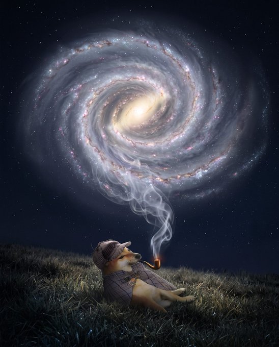 A surreal digital artwork of a corgi dressed in a Sherlock Holmes-style deerstalker hat and coat, smoking a pipe whose smoke spirals up to form a large, glowing galaxy in the night sky.