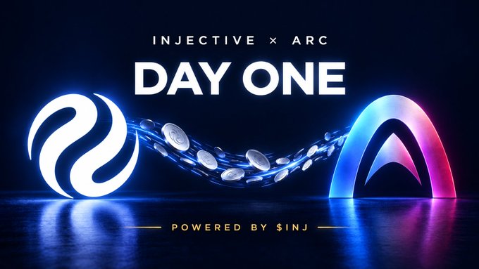 A dark promotional banner reads 'INJECTIVE x ARC DAY ONE' with 'POWERED BY $INJ' at the bottom, featuring two glowing logos connected by a stream of coins.