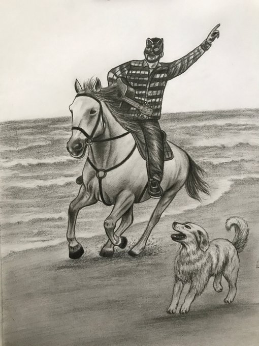 A pencil drawing depicts a figure wearing a black panther mask and a striped shirt, riding a galloping horse along a beach while pointing forward, accompanied by a dog.