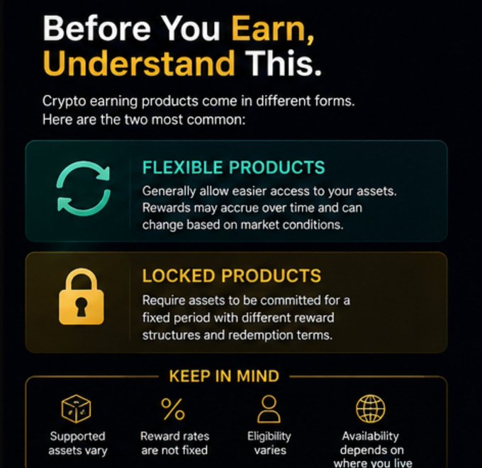 An educational graphic titled 'Before You Earn, Understand This.' explaining two types of crypto earning products: 'FLEXIBLE PRODUCTS' and 'LOCKED PRODUCTS', with a 'KEEP IN MIND' section at the bottom.