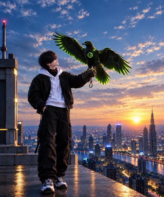 A dramatic digital illustration of a young person in black streetwear and a white hoodie standing on a rooftop at sunset, holding out a gloved hand with a large green-and-black eagle (bearing a dollar sign symbol) perched on it, with a glowing cityscape skyline in the background.