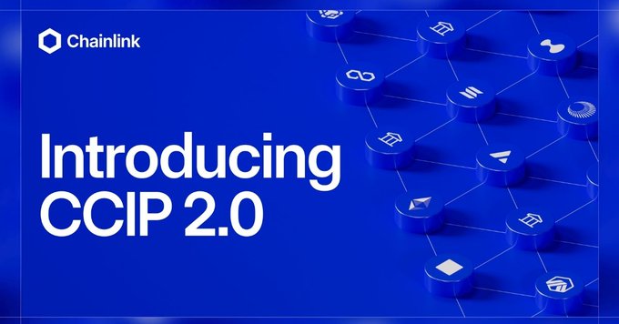 Chainlink promotional graphic announcing 'Introducing CCIP 2.0' on a blue background featuring interconnected blockchain network nodes.