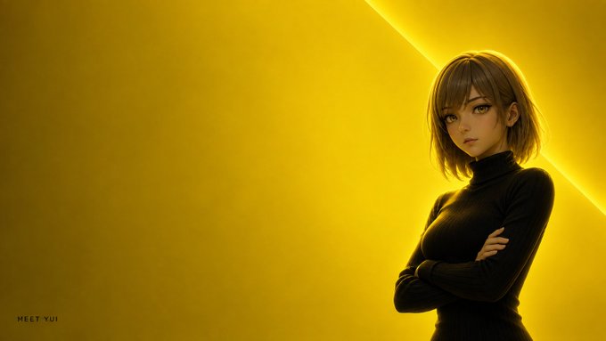 An anime-style digital illustration of a young woman with short brown hair in a black turtleneck standing with arms crossed against a vibrant yellow background, with 'MEET YUI' in the corner.