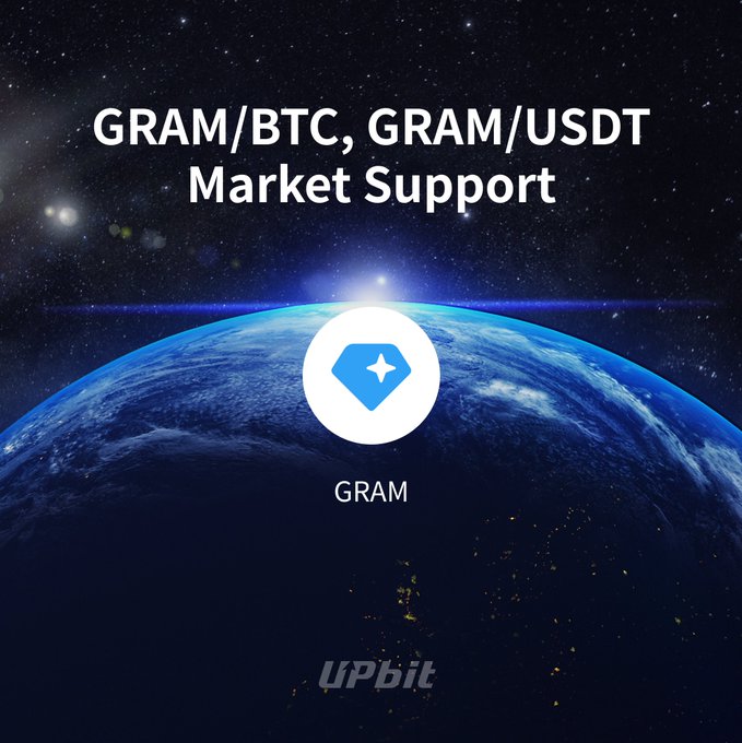 The image features a planet with stars, which serves as the backdrop for an advertisement promoting a cryptocurrency called "GRAM" or "BTC". The text above the planet reads "GRAM/BTC, GRAM/USDT Market Support", indicating that this is a market support service related to Bitcoin and other cryptocurrencies. The post also mentions that there are markets supported by this service, which could include Bitcoin and US dollars.