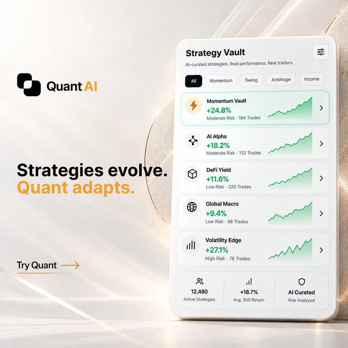A promotional graphic for "Quant AI" featuring a mobile app interface titled "Strategy Vault" with trading strategies like "Momentum Vault +24.8%" and "Volatility Edge +27.1%", alongside the tagline "Strategies evolve. Quant adapts."