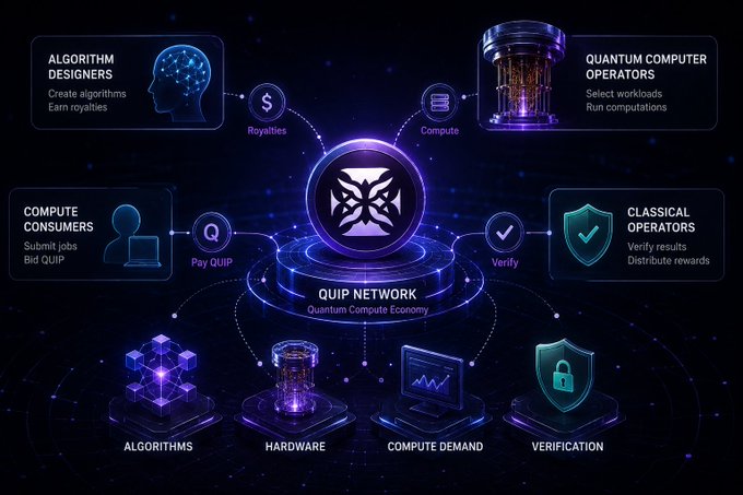 An infographic illustrating the 'QUIP NETWORK - Quantum Compute Economy' featuring a central logo surrounded by four components: Algorithm Designers, Quantum Computer Operators, Compute Consumers, and Classical Operators, with corresponding icons for algorithms, hardware, compute demand, and verification.