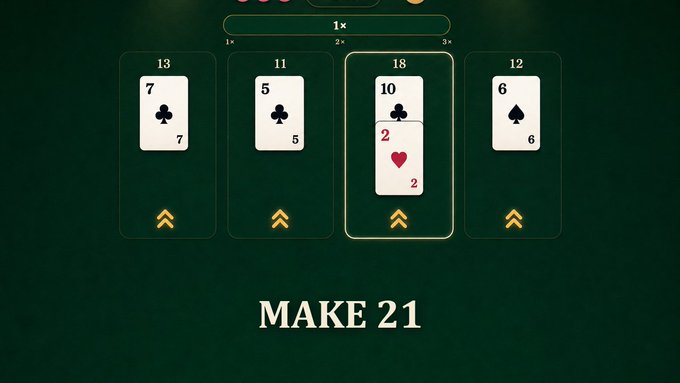 The image shows a card game called "GalaChain" with four lanes of cards, each containing two playing cards. The topmost lane has three cards, while the bottommost lane has six cards. A red heart is visible among the cards in the middle lane. The text on the post indicates that this is a 21 Rush game and suggests that players should aim to score at least 21 points within the first 90 seconds of play. Additionally, there are instructions for how to play the game, which involve stacking cards into three rows with one card per row, starting from the topmost row. Players must then tap their cards into the bottom lane until they reach a total of 21 points or until they bust over 21 and lose all their remaining cards.